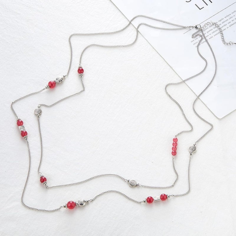 BULINLIN Layered Silver Long Necklace for Women Turquoise Stone Beaded Strand Sweater Chain Necklaces Fashion Costume Jewelry Gifts for Mom - Image 2